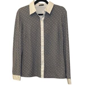 J Mclaughlin Women’s Chic Grey Button-Down Horseshoe Print Blouse — LARGE